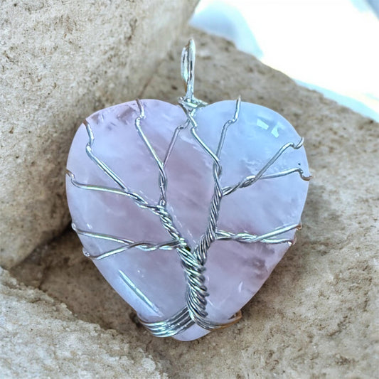 ROSENQUARZ  Anhänger Herz in Draht silberfarben