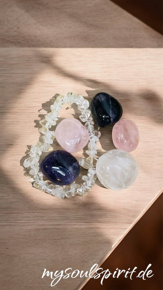 Heilstein - Starter – Set 1 mit Amethyst, Rosenquarz, Bergkristall - Heilstein - Set