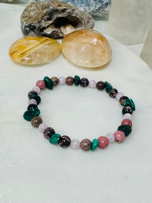 Bracelet "PAIN" kunzite, malachite, rhodonite et sugilite